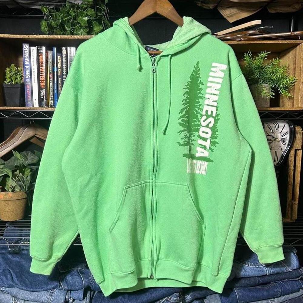 Vintage 90s Minnesota Nature Print Zip Up Hoodie Green Wildlife Sweatshirt 2XL